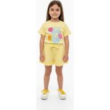 Toontoy Kız Çocuk 2'li Şortlu Takım Bisiklet Yaka Kısa Kollu Baskılı Tişört - Beli Lastikli Bağlamalı Cepli Paçası Fırfır Detaylı Şort 25015 - 3 Yaş - Açık Sarı