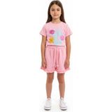 Toontoy Kız Çocuk 2'li Şortlu Takım Bisiklet Yaka Kısa Kollu Baskılı Tişört - Beli Lastikli Bağlamalı Cepli Paçası Fırfır Detaylı Şort 25015 - 3 Yaş - Pembe