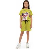 Toontoy Kız Çocuk 2'li Şortlu Takım Bisiklet Yaka Kısa Kollu Baskılı Tişört - Beli Lastikli Bağlamalı Cepli Şort 25020 - 12 - 13 Yaş - Yeşil