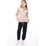Toontoy Kız Çocuk 2'li Takım Baskılı Balıkçı Yaka Fermuarlı Sweatshirt & Beli Paçası Lastikli Cepli Jogger Eşofman Altı - Renk Bloklu 3 Iplik Şardonlu - Bej - 10 - 11 Yaş