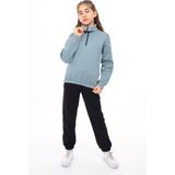 Toontoy Kız Çocuk 2'li Takım Baskılı Balıkçı Yaka Fermuarlı Sweatshirt & Beli Paçası Lastikli Cepli Jogger Eşofman Altı - Renk Bloklu 3 Iplik Şardonlu - Koyu Mint - 6 – 7 Yaş