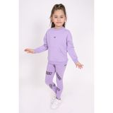 Toontoy Kız Çocuk 2'li Takım Baskılı Bisiklet Yaka Düşük Omuz Cepli Sweatshirt & Basic Düz Tayt - Lila - 6