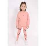 Toontoy Kız Çocuk 2'li Takım Baskılı Bisiklet Yaka Düşük Omuz Cepli Sweatshirt & Basic Düz Tayt - Mercan - 6