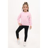 Toontoy Kız Çocuk 2'li Takım Baskılı Bisiklet Yaka Düşük Omuz Sweatshirt & Basic Düz Tayt - Açık Pembe - 3