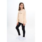 Toontoy Kız Çocuk 2'li Takım Baskılı Bisiklet Yaka Düşük Omuz Sweatshirt & Basic Düz Tayt - Bej - 6 – 7 Yaş