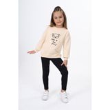 Toontoy Kız Çocuk 2'li Takım Baskılı Bisiklet Yaka Düşük Omuz Sweatshirt & Basic Düz Tayt - Bej