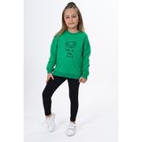 Toontoy Kız Çocuk 2'li Takım Baskılı Bisiklet Yaka Düşük Omuz Sweatshirt & Basic Düz Tayt - Çimen Yeşili