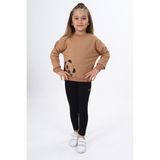 Toontoy Kız Çocuk 2'li Takım Baskılı Bisiklet Yaka Düşük Omuz Sweatshirt & Basic Düz Tayt - Kahverengi - 5