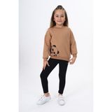 Toontoy Kız Çocuk 2'li Takım Baskılı Bisiklet Yaka Düşük Omuz Sweatshirt & Basic Düz Tayt - Kahverengi
