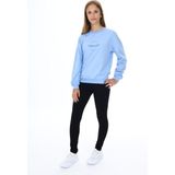 Toontoy Kız Çocuk 2'li Takım Baskılı Bisiklet Yaka Düşük Omuz Sweatshirt & Basic Düz Tayt - Mavi - 8 - 9 Yaş