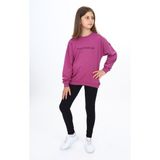 Toontoy Kız Çocuk 2'li Takım Baskılı Bisiklet Yaka Düşük Omuz Sweatshirt & Basic Düz Tayt - Mürdüm - 10 - 11 Yaş