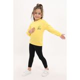 Toontoy Kız Çocuk 2'li Takım Baskılı Bisiklet Yaka Düşük Omuz Sweatshirt & Basic Düz Tayt - Sarı - 4