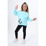 Toontoy Kız Çocuk 2'li Takım Baskılı Bisiklet Yaka Düşük Omuz Sweatshirt & Basic Düz Tayt - Su Yeşili
