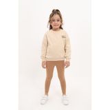 Toontoy Kız Çocuk 2'li Takım Baskılı Bisiklet Yaka Düşük Omuz Sweatshirt & Basic Düz Tayt - TK23096 - Bej
