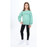 Toontoy Kız Çocuk 2'li Takım Baskılı Bisiklet Yaka Düşük Omuz Sweatshirt & Basic Düz Tayt - Yeşil - 10 - 11 Yaş