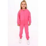 Toontoy Kız Çocuk 2'li Takım Baskılı Bisiklet Yaka Fermuarlı Ribanalı Sweatshirt & Beli Paçası Ribanalı Jogger Eşofman Altı - TK24218 - Fuşya