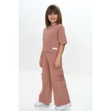 Toontoy Kız Çocuk 2'li Takım Baskılı Bisiklet Yaka Kısa Kollu Crop Sweatshirt & Beli Lastikli Cepli Bol Paça Eşofman Altı - Denim Görünümlü & Yıkamalı 2 Iplik - Bordo - 5