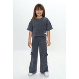 Toontoy Kız Çocuk 2'li Takım Baskılı Bisiklet Yaka Kısa Kollu Crop Sweatshirt & Beli Lastikli Cepli Bol Paça Eşofman Altı - Denim Görünümlü & Yıkamalı 2 Iplik - Füme - 6