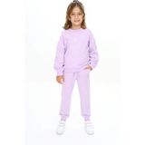 Toontoy Kız Çocuk 2'li Takım Baskılı Bisiklet Yaka Kolu Büzgülü Sweatshirt & Beli Paçası Lastikli Cepli Jogger Eşofman Altı - 2 Iplik - Lila - 6