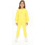 Toontoy Kız Çocuk 2'li Takım Baskılı Bisiklet Yaka Kolu Büzgülü Sweatshirt & Beli Paçası Lastikli Cepli Jogger Eşofman Altı - 2 Iplik - Sarı