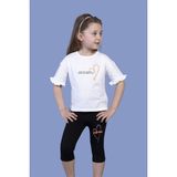 Toontoy Kız Çocuk 2'li Takım Baskılı Bisiklet Yaka Kolu Fırfırlı T-Shirt & Basic Düz Crop Tayt - Ekru - 8