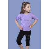 Toontoy Kız Çocuk 2'li Takım Baskılı Bisiklet Yaka Kolu Fırfırlı T-Shirt & Basic Düz Crop Tayt - Lila - 6