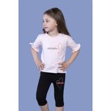 Toontoy Kız Çocuk 2'li Takım Baskılı Bisiklet Yaka Kolu Fırfırlı T-Shirt & Basic Düz Crop Tayt - Pudra - 10 Yaş