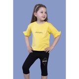 Toontoy Kız Çocuk 2'li Takım Baskılı Bisiklet Yaka Kolu Fırfırlı T-Shirt & Basic Düz Crop Tayt - Sarı - 10 Yaş