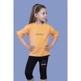 Toontoy Kız Çocuk 2'li Takım Baskılı Bisiklet Yaka Kolu Fırfırlı T-Shirt & Basic Düz Crop Tayt - Turuncu - 10 Yaş