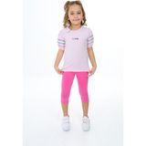 Toontoy Kız Çocuk 2'li Takım Baskılı Bisiklet Yaka Prenses Kol T-Shirt & Beli Lastikli Crop Tayt - Açık Lila - 6