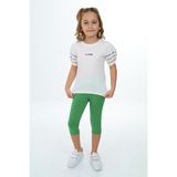 Toontoy Kız Çocuk 2'li Takım Baskılı Bisiklet Yaka Prenses Kol T-Shirt & Beli Lastikli Crop Tayt - Ekru - 5