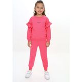 Toontoy Kız Çocuk 2'li Takım Baskılı Bisiklet Yaka Reglan Kol Fırfırlı Sweatshirt & Beli Paçası Lastikli Cepli Jogger Eşofman Altı - 2 Iplik - Fuşya - 5