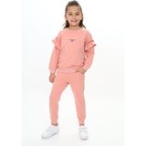 Toontoy Kız Çocuk 2'li Takım Baskılı Bisiklet Yaka Reglan Kol Fırfırlı Sweatshirt & Beli Paçası Lastikli Cepli Jogger Eşofman Altı - 2 Iplik - Mercan - 4