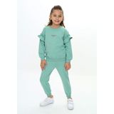 Toontoy Kız Çocuk 2'li Takım Baskılı Bisiklet Yaka Reglan Kol Fırfırlı Sweatshirt & Beli Paçası Lastikli Cepli Jogger Eşofman Altı - 2 Iplik - Yeşil