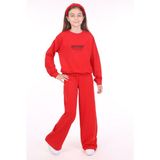 Toontoy Kız Çocuk 2'li Takım Baskılı Bisiklet Yaka Sweatshirt & Beli Lastikli Bol Paça Eşofman Altı - 2 Iplik - Kırmızı - 6 – 7 Yaş