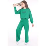 Toontoy Kız Çocuk 2'li Takım Baskılı Bisiklet Yaka Sweatshirt & Beli Lastikli Bol Paça Eşofman Altı - 2 Iplik - Koyu Yeşil - 13-14