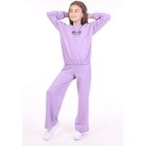 Toontoy Kız Çocuk 2'li Takım Baskılı Bisiklet Yaka Sweatshirt & Beli Lastikli Bol Paça Eşofman Altı - 2 Iplik - Lila - 8 - 9 Yaş
