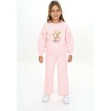 Toontoy Kız Çocuk 2'li Takım Baskılı Bisiklet Yaka Sweatshirt & Beli Lastikli Bol Paça Eşofman Altı - Garni Detaylı & 2 Iplik - Pudra