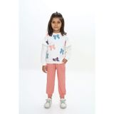 Toontoy Kız Çocuk 2'li Takım Baskılı Bisiklet Yaka Sweatshirt & Beli Lastikli Cepli Bol Paça Eşofman Altı - 2 Iplik - Pudra