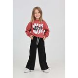 Toontoy Kız Çocuk 2'li Takım Baskılı Bisiklet Yaka Sweatshirt & Beli Lastikli Cepli Bol Paça Eşofman Altı - Renk Bloklu & 2 Iplik - Kiremit - 8