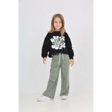 Toontoy Kız Çocuk 2'li Takım Baskılı Bisiklet Yaka Sweatshirt & Beli Lastikli Cepli Bol Paça Eşofman Altı - Renk Bloklu & 2 Iplik - Siyah - 8