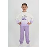 Toontoy Kız Çocuk 2'li Takım Baskılı Bisiklet Yaka Sweatshirt & Beli Paçası Lastikli Cepli Jogger Eşofman Altı - Renk Bloklu & 2 Iplik - Lila - 1