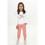 Toontoy Kız Çocuk 2'li Takım Baskılı Bisiklet Yaka Sweatshirt & Beli Paçası Lastikli Jogger Eşofman Altı - Renk Bloklu & 2 Iplik - Mercan - 3