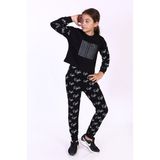 Toontoy Kız Çocuk 2'li Takım Baskılı Bisiklet Yaka Sweatshirt & Beli Paçası Lastikli Jogger Eşofman Altı - Renk Bloklu & 2 Iplik - Siyah - 6 – 7 Yaş