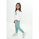Toontoy Kız Çocuk 2'li Takım Baskılı Bisiklet Yaka Sweatshirt & Beli Paçası Lastikli Jogger Eşofman Altı - Renk Bloklu & 2 Iplik - Yeşil
