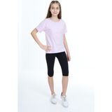 Toontoy Kız Çocuk 2'li Takım Baskılı Bisiklet Yaka T-Shirt & Basic Düz Crop Tayt - Açık Lila - 8 - 9 Yaş