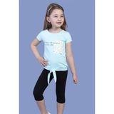 Toontoy Kız Çocuk 2'li Takım Baskılı Bisiklet Yaka T-Shirt & Basic Düz Crop Tayt - Bağcıklı - Su Yeşili - 6