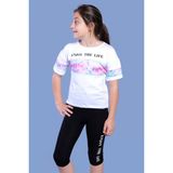 Toontoy Kız Çocuk 2'li Takım Baskılı Bisiklet Yaka T-Shirt & Basic Düz Crop Tayt & Garnili Detaylı - Beyaz - 10 Yaş