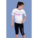 Toontoy Kız Çocuk 2'li Takım Baskılı Bisiklet Yaka T-Shirt & Basic Düz Crop Tayt & Garnili Detaylı - Ekru - 4