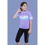 Toontoy Kız Çocuk 2'li Takım Baskılı Bisiklet Yaka T-Shirt & Basic Düz Crop Tayt & Garnili Detaylı - Lila - 8
